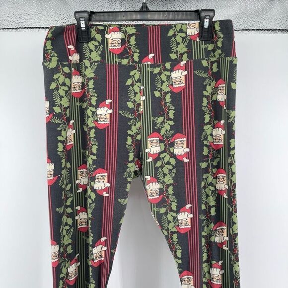 LULAROE Women’s Santa & Holly Red Green Striped High Waist Christmas Leggings - Picture 5 of 14